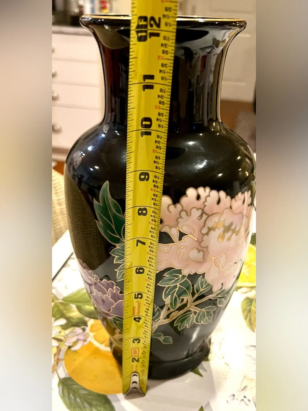 FITZ & FLOYD Cloisonne Peony Porcelain Vase Gilded Rim